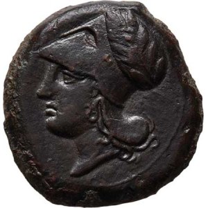 Sicilie, Syrakusy, Timoleon, 344 - 336 př.Kr., AE Trias (17 mm), Hlava Atény zleva / mořský kůň
