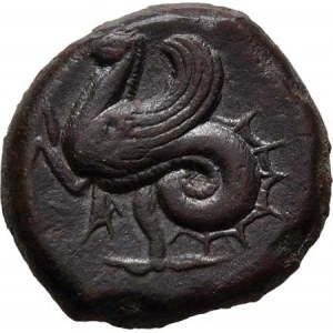 Sicilie, Syrakusy, Timoleon, 344 - 336 př.Kr., AE Trias (17 mm), Hlava Atény zleva / mořský kůň