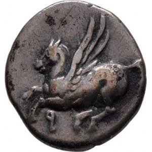 Corinthia, Corinth, 350 - 306 př.Kr., AR Hemidrachma, hlava Afrodity zleva, monogram /