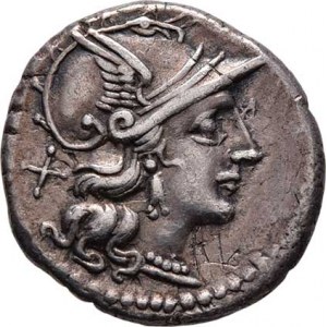 Sex.Atilius Serranus, 155 př.Kr., AR Denár, Hlava Romy zprava, značka X / Victoria na