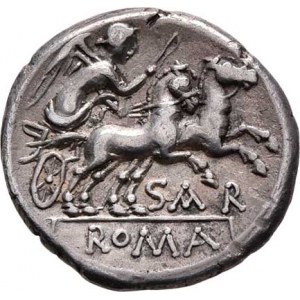 Sex.Atilius Serranus, 155 př.Kr., AR Denár, Hlava Romy zprava, značka X / Victoria na