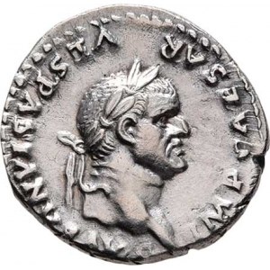 Vespasianus, 69 - 79, AR Denár, Rv:PON.MAX.TR.POT.COS.VI., sedící císař,