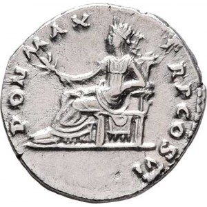 Vespasianus, 69 - 79, AR Denár, Rv:PON.MAX.TR.POT.COS.VI., sedící císař,