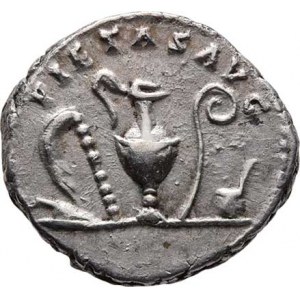 Marcus Aurelius, jako césar, 139 - 161, AR Denár, Rv:PIETAS.AVG., bohoslužebné náčiní,