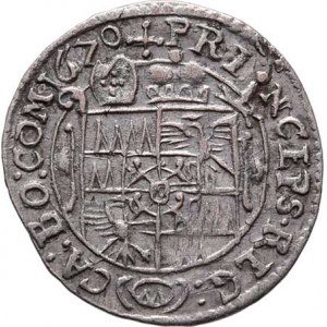 Olomouc-biskup., Karel II. Liechtenstein, 1664 - 1695, 3 Krejcar 1670, S-V.324 (D5/B5), 1.626g, nep