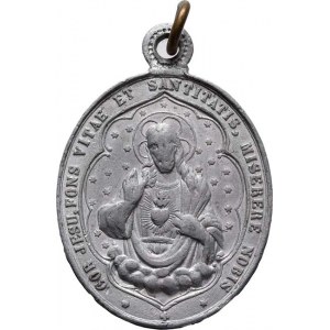 Církevní medaile - ražené svátostky oválné, Kristus se srdcem na hrudi, opis / korunovaná Panna
