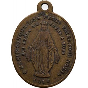 Církevní medaile - ražené svátostky oválné, Korunovaná Panna Marie, dva francouzské opisy, 1830 /