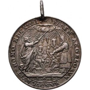Církevní medaile - ostatní - signované, Sign.BS - Aron, Mojžíš a sběrači many, opis, 1627 /