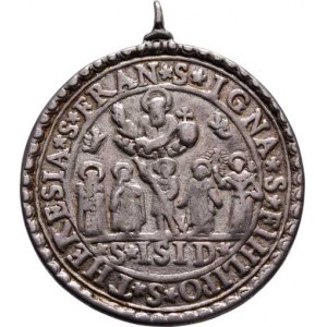 Církevní medaile - ostatní - nesignované, Bůh Otec ženající pěti světcům, latin. opis a nápis /