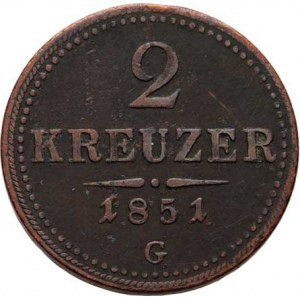 Konvenční měna, údobí let 1848 - 1857, 2 Krejcar 1851 G, 10.817g, dr.hr., nep.rysky, patina