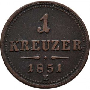 Konvenční měna, údobí let 1848 - 1857, Krejcar 1851 E, 4.905g, patina R!