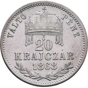 Rakouská a spolková měna, údobí let 1857 - 1892, 20 Krejcar 1868 GYF - krátký opis, 2.569g,