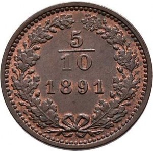 Rakouská a spolková měna, údobí let 1857 - 1892, 5/10 Krejcaru 1891, 1.777g, pěkná patina, téměř