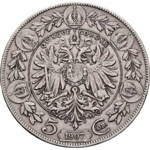 Korunová měna, údobí let 1892 - 1918, 5 Koruna 1907, 24.015g, hr., dr.rysky, patina