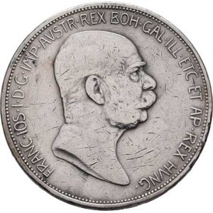 Korunová měna, údobí let 1892 - 1918, 5 Koruna 1908 - jubilejní, 23.911g, hr., škr., rysky,