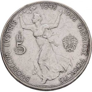 Korunová měna, údobí let 1892 - 1918, 5 Koruna 1908 - jubilejní, 23.911g, hr., škr., rysky,