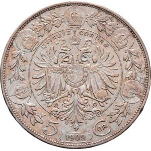 Korunová měna, údobí let 1892 - 1918, 5 Koruna 1909 - Marschall, 23.968g, dr.hr., dr.rysky,