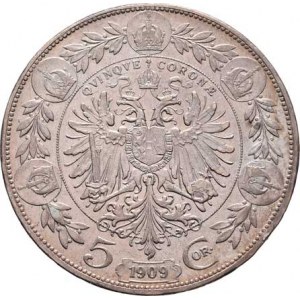 Korunová měna, údobí let 1892 - 1918, 5 Koruna 1909 - Schwartz, 23.988g, dr.hr., dr.rysky,