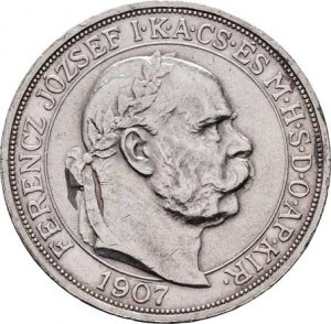 Korunová měna, údobí let 1892 - 1918, 5 Koruna 1907 KB - jubilejní, 24.003g, dr.hr.,
