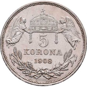 Korunová měna, údobí let 1892 - 1918, 5 Koruna 1908 KB, 23.888g, nep.hr., nep.rysky, téměř