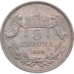 Korunová měna, údobí let 1892 - 1918, 5 Koruna 1908 KB, 23.894g, dr.hr., dr.rysky, skvrnky,