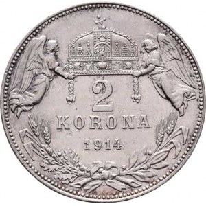 Korunová měna, údobí let 1892 - 1918, 2 Koruna 1914 KB, 9.977g, nep.hr., nep.rysky, pěkná
