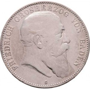 Badensko, Friedrich I., 1856 - 1907, 5 Marka 1904 G, KM.274 (Ag900), 27.705g, dr.hr.,