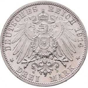 Bavorsko, Ludwig III., 1913 - 1918, 3 Marka 1914 D, Mnichov, KM.520 (Ag900, jediný