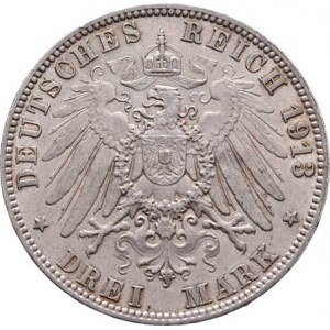 Hamburg - město, 3 Marka 1913 J, Hamburk, KM.296 (Ag900), 16.623g,