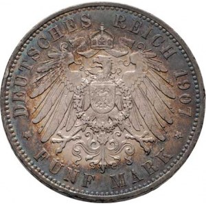 Sasko, Friedrich August III., 1904 - 1918, 5 Marka 1907 E, Drážďany, KM.1266 (Ag900), 27.789g,