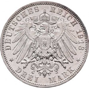 Sasko, Friedrich August III., 1904 - 1918, 3 Marka 1913 E, Drážďany, KM.1267 (Ag900), 16.653g,