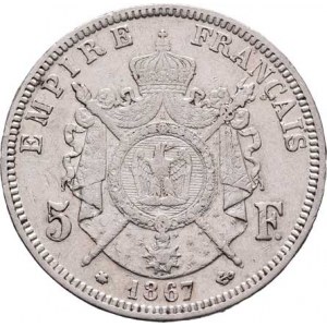 Francie, Napoleon III., 1852 - 1871, 5 Frank 1867 A, Paříž, KM.799.1 (Ag900), 24.819g,