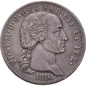 Itálie - Sardinie, Vittorio Emanuele I., 1802 - 1821, 5 Lira 1816, L-orlí hlava, Torino, Cr.92 (Ag9