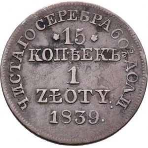 Polsko pod Ruskem, Mikuláš I., 1825 - 1855, 15 Kopějek = 1 Zlotý 1839 MW, Cr.129 (Ag868), 2.970g,