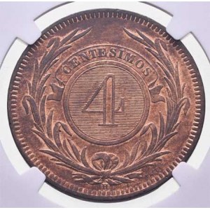 Uruguay, republika, 1825 -, 4 Centesimos 1869 H, Birmingham-Heaton, KM.13 (Cu),