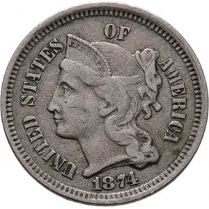 USA, III Cent 1874 - hlava Liberty, KM.95 (CuNi), 1.984g,