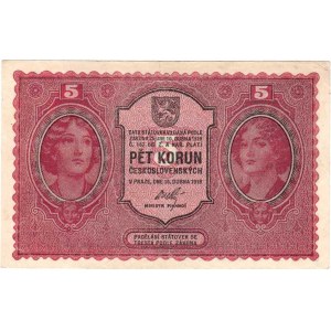 Československo - státovky I. emise, 5 Koruna 1919, série 0028, BHK.8, He.8a neperf.