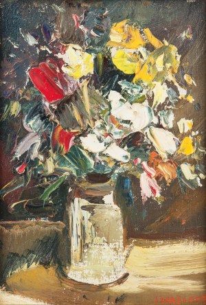 Józef Wasiołek (1921 Smarglin - 2008 Łódź), Bukiet kwiatów w szklanym wazonie, lata 70. XX w.