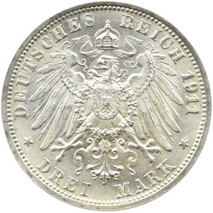 Niemcy, Wirtembergia, Wilhelm i Charlotte, 3 marki 1911 F, Stuttgart, UNC