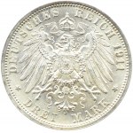 Niemcy, Wirtembergia, Wilhelm i Charlotte, 3 marki 1911 F, Stuttgart, UNC
