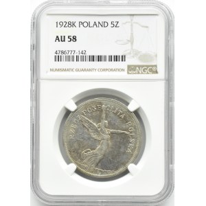 Polska, II RP, Nike, 5 złotych 1928, Warszawa, NGC AU58