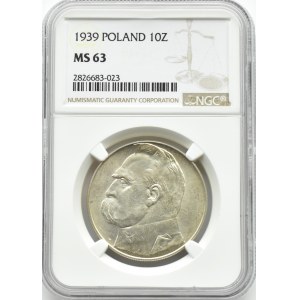 Polska, II RP, Józef Piłsudski, 10 złotych 1939, Warszawa, NGC MS63, piękny