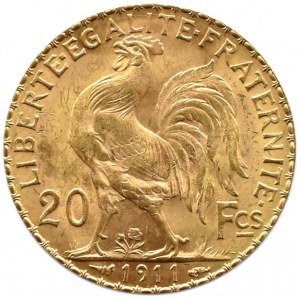 Francja, Republika, Kogut, 20 franków 1911, Paryż, UNC