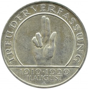 Niemcy, Republika Weimarska, 3 marki 1929 A, Berlin, Przysięga Hindenburga, UNC