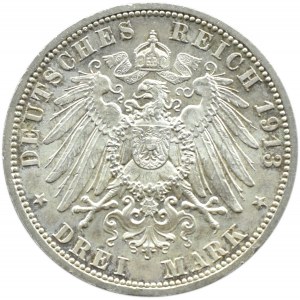 Niemcy, Prusy, Wilhelm II w mundurze, 3 marki 1913 A, Berlin, UNC