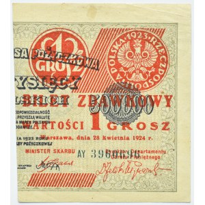 Polska, II RP, bilet zdawkowy 1 grosz 1924, prawa połówka, AY, piękne!