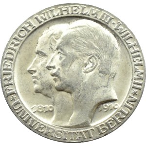 Niemcy, Prusy, Wilhelm II, 3 marki 1910 A, Berlin, 100-lecie Uniwersytetu w Berlinie, UNC