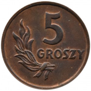 Polska, RP, 5 groszy 1949, brąz, Bazylea, UNC