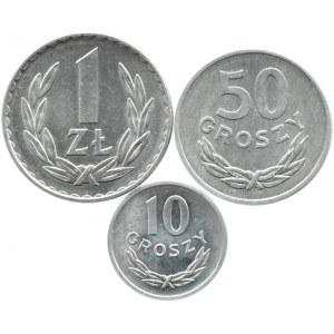 Polska, PRL, lot trzech monet 10, 50 groszy i 1 złoty 1974, Warszawa, UNC