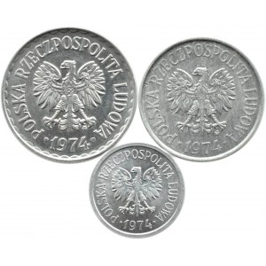 Polska, PRL, lot trzech monet 10, 50 groszy i 1 złoty 1974, Warszawa, UNC